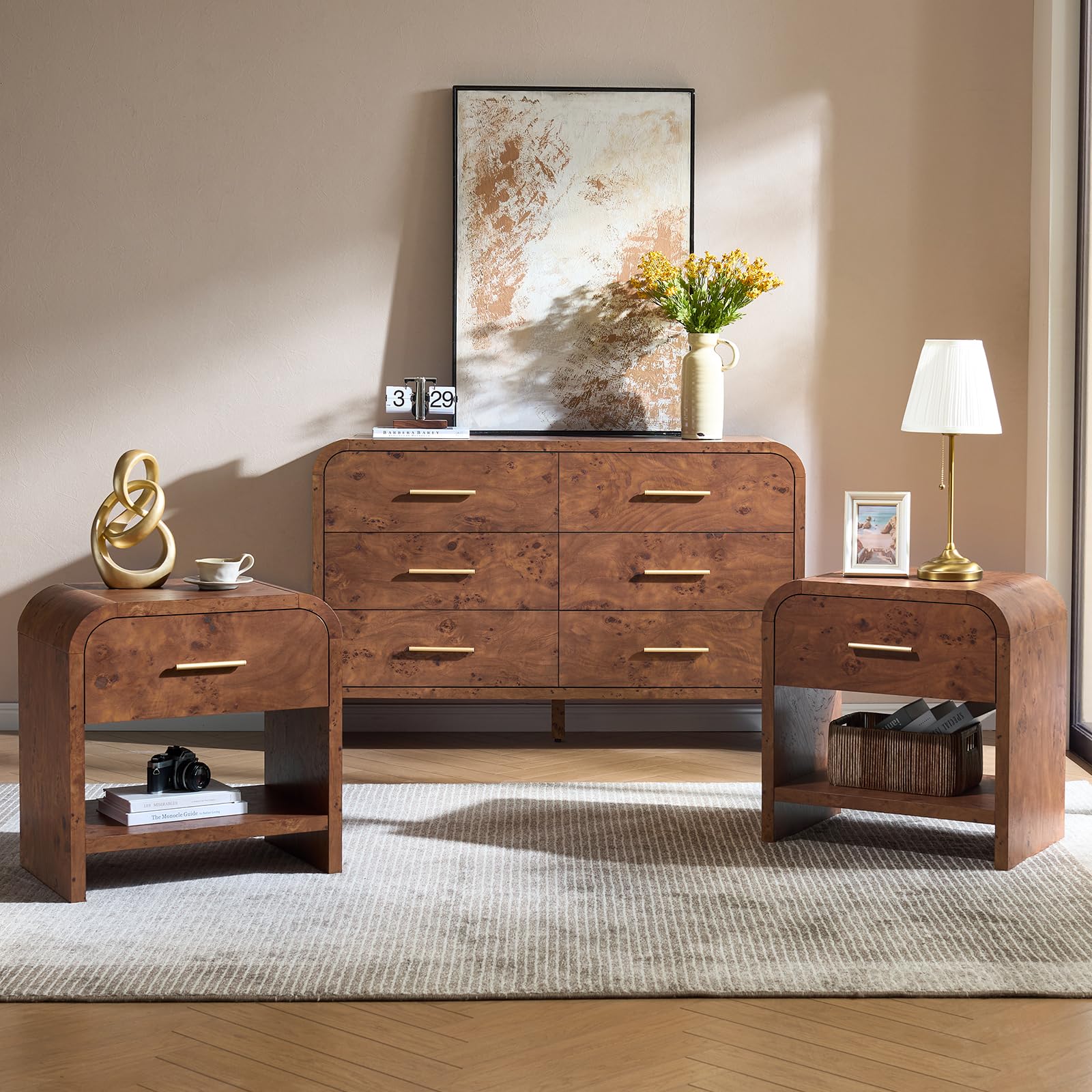 3-Piece Modern Bedroom Furniture Set, 6-Drawer& 1-Drawer Nightstands Set of 2, Unique Curved Design Wooden Dresser and Nightstand Sets for Bedroom, Hallway, Oak