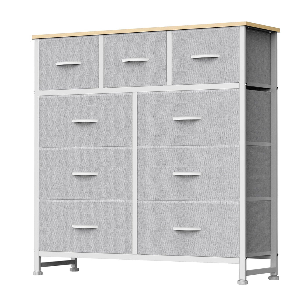 DUMOS Dresser for Bedroom, Storage Organizer with 9 Drawers, Chest of Drawers with Fabric Bins, Sturdy Metal Frame, Wood Tabletop for Guest Room, Closet, Entryway, White