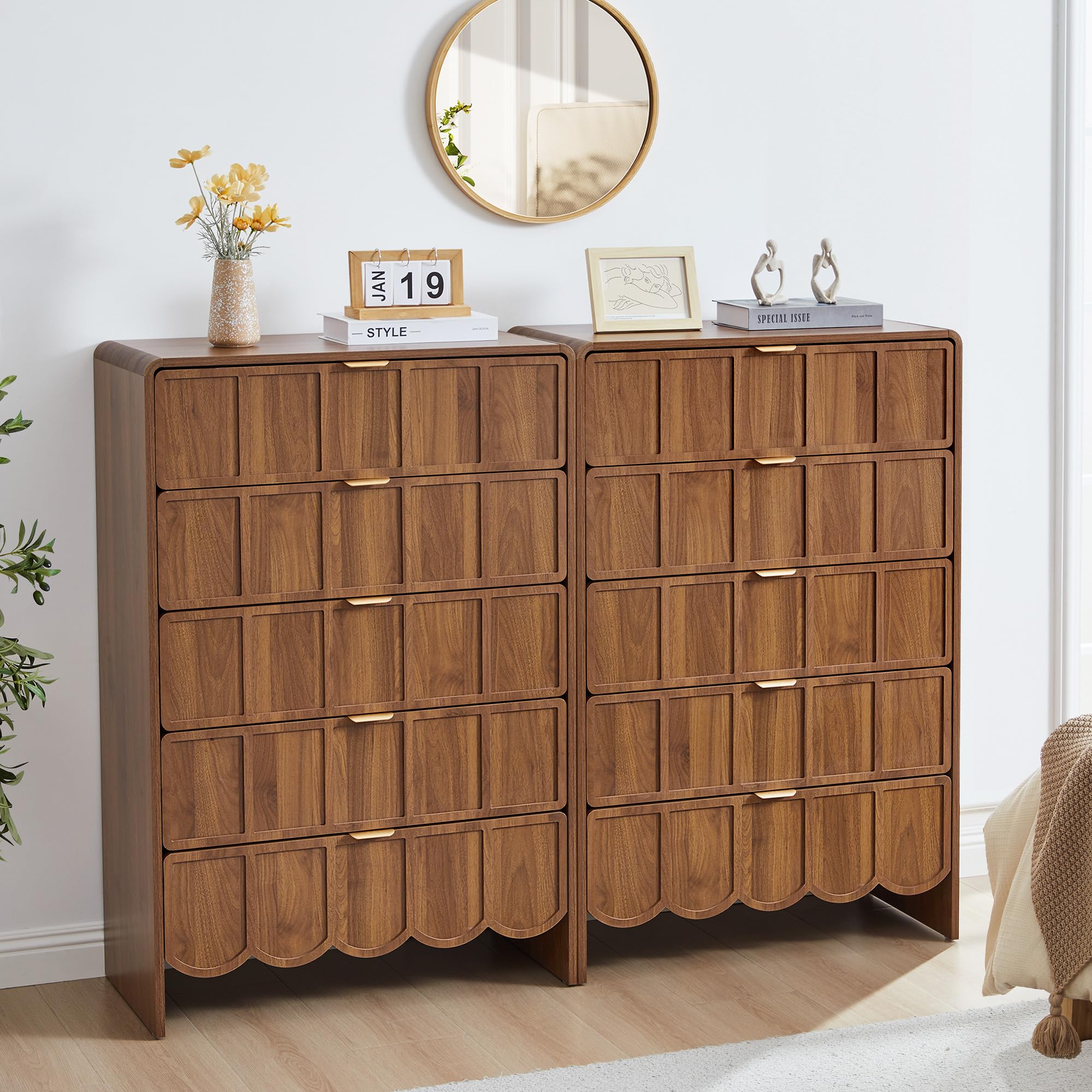 ORRD 3 Drawer Dresser for Bedroom Set of 2, Modern Closet Chest of Drawers with Wave Fluted Drawer, Wood Storage Small Dresser Organizer for Nursery Bedroom Living Room Hallway Closet (Walnut)