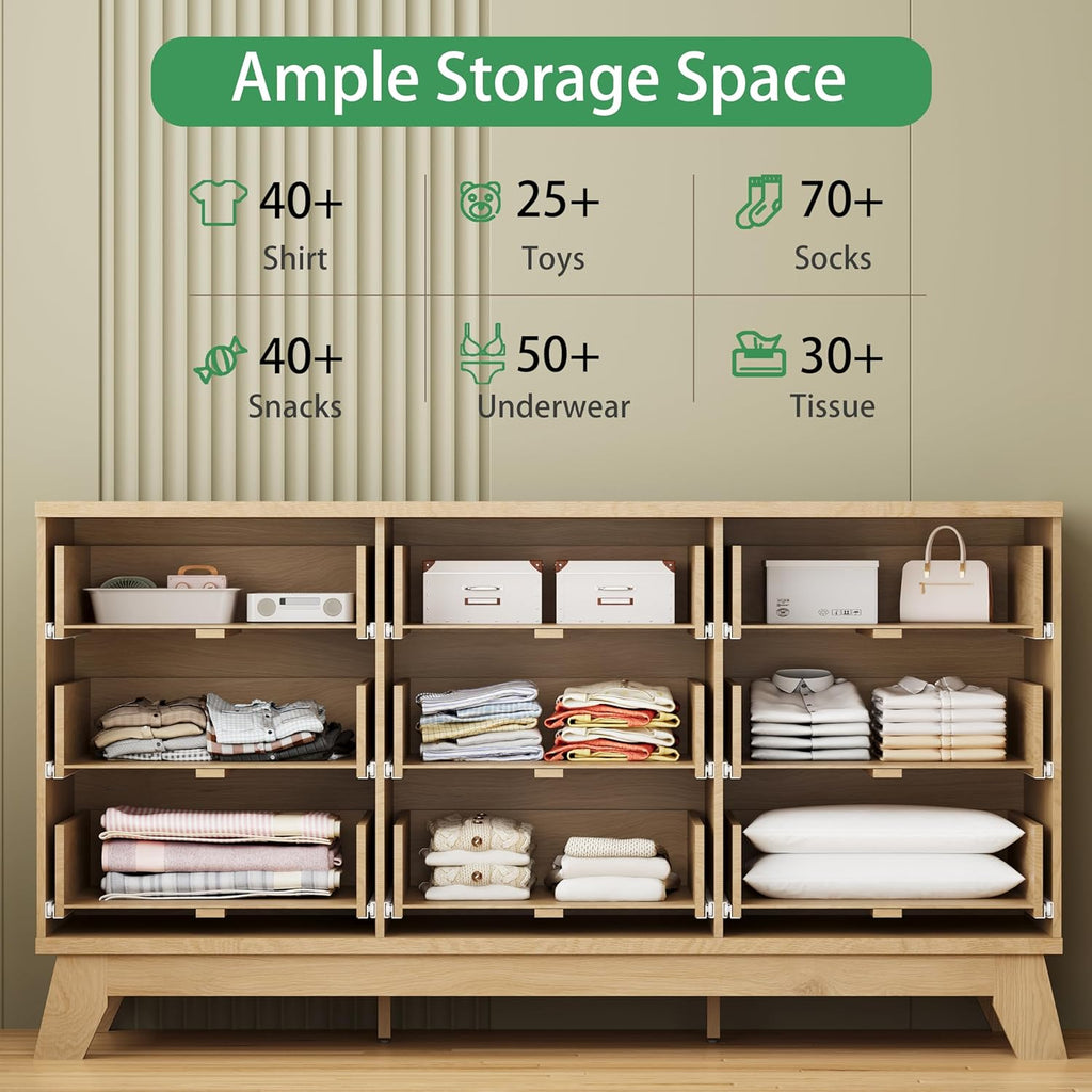 Fluted Dresser for Bedroom with 9 Drawers, 57" Wide Modern Chest of Drawers with Metal Handle, Wooden Dresser TV Stand, Wood Closet Clothes Storage Organizer for Living Room, Hallway, Natural Oak
