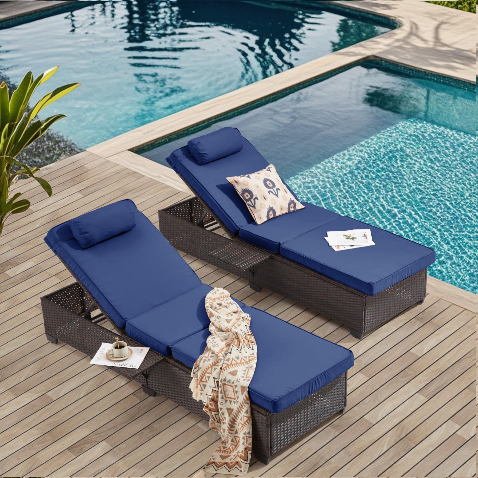 Outdoor Lounge Chairs, Pool Lounge Chairs Set of 2, Outdoor Chaise Lounge with Adjustable Backrest & Cup Holder,Khaki Cushion