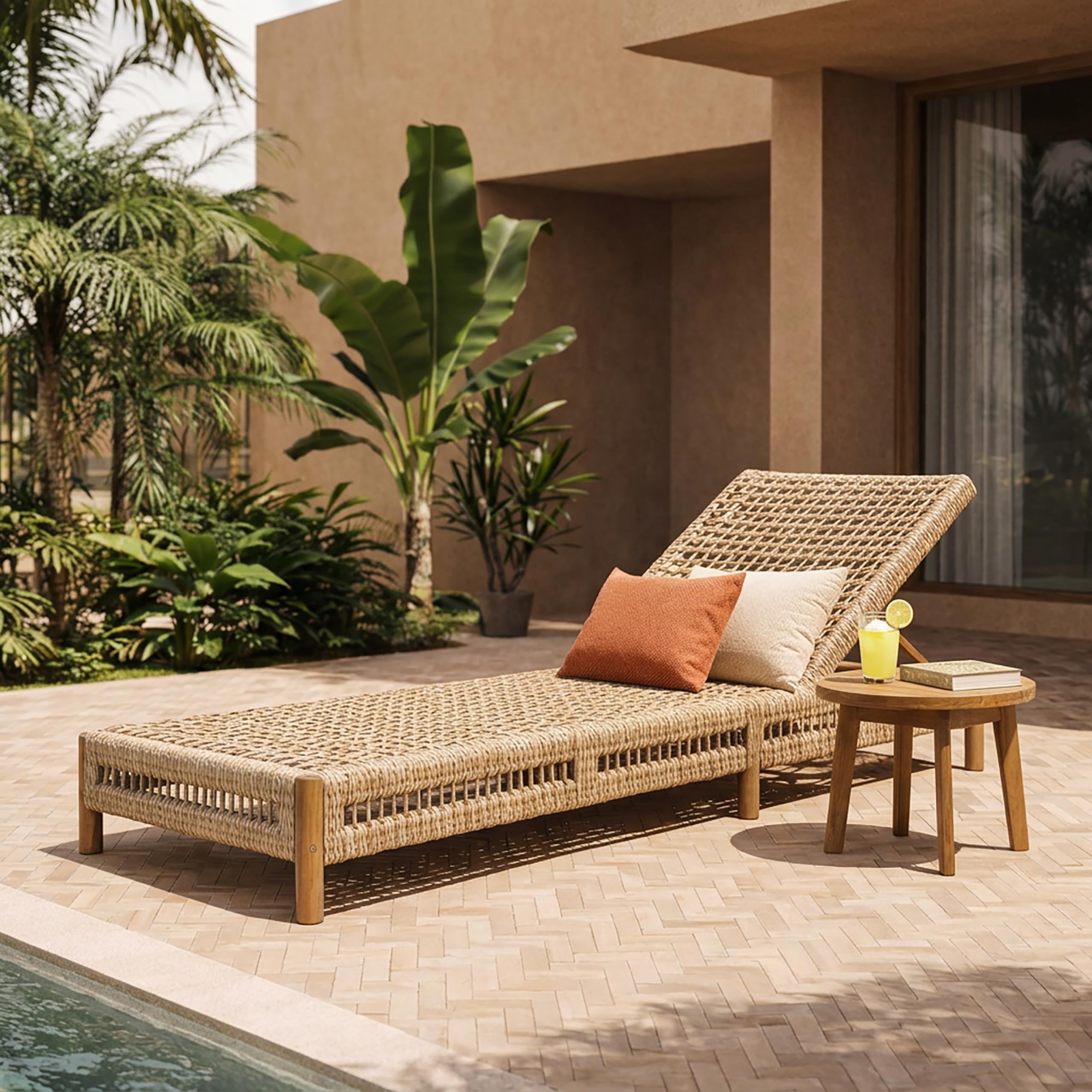 Christopher Knight Home Mercer Acacia Wood Chaise Lounge Chair Outdoor, Poolside Sun Lounger Recliner with Wicker Seat, Patio Outdoor Chaise Lounge, Adjustable Backrest Lounge Sofa, Teak+Light Brown