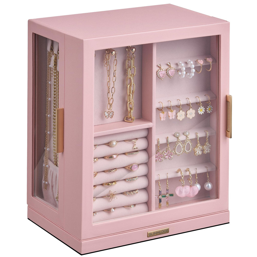 Glimmloop 360° Rotating Jewelry Box with 5 Drawers, Spacious Vertical Jewelry Organizer with Glass Window, Jewelry Storage Case, Dustproof & Moisture-resistant Design, White