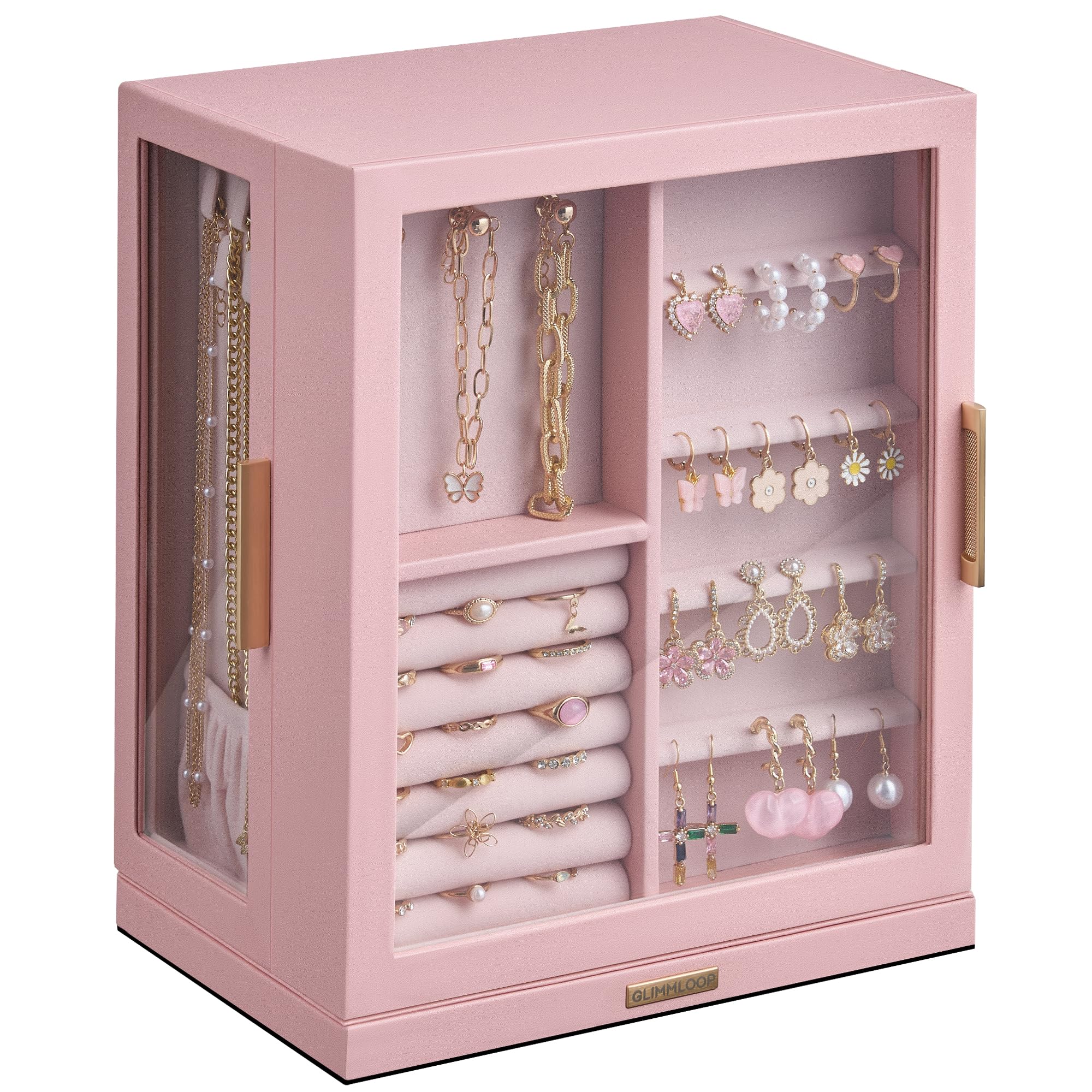 Glimmloop 360° Rotating Jewelry Box with 5 Drawers, Spacious Vertical Jewelry Organizer with Glass Window, Jewelry Storage Case, Dustproof & Moisture-resistant Design, White