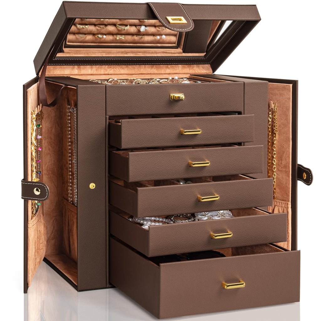 AKOZLIN Jewelry Box Organizer Functional Leather Jewelry Storage Case for Women Girls Ring Necklace Earring Bracelet Holder Organizer with Mirror Black