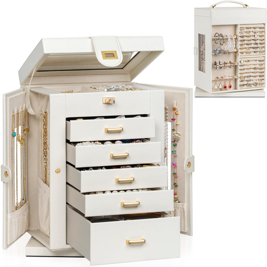 AKOZLIN Jewelry Box 6-Tier Organizer Functional 360° Rotating Jewelry Storage Case for Women Girls Ring Necklace Earring Bracelet Holder with Mirror