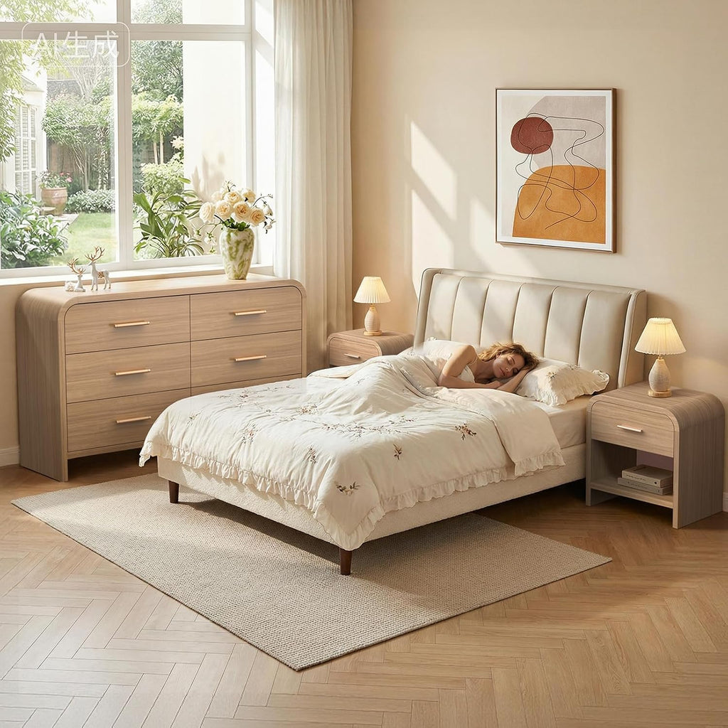 3-Piece Modern Bedroom Furniture Set, 6-Drawer& 1-Drawer Nightstands Set of 2, Unique Curved Design Wooden Dresser and Nightstand Sets for Bedroom, Hallway, Oak