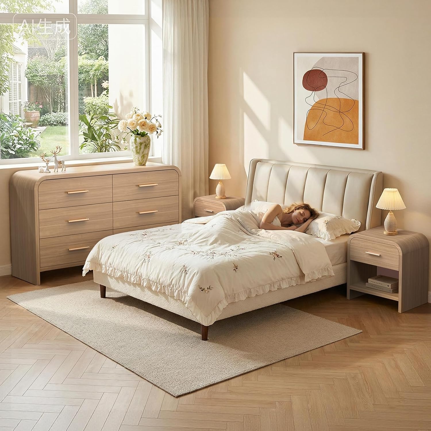 3-Piece Modern Bedroom Furniture Set, 6-Drawer& 1-Drawer Nightstands Set of 2, Unique Curved Design Wooden Dresser and Nightstand Sets for Bedroom, Hallway, Oak