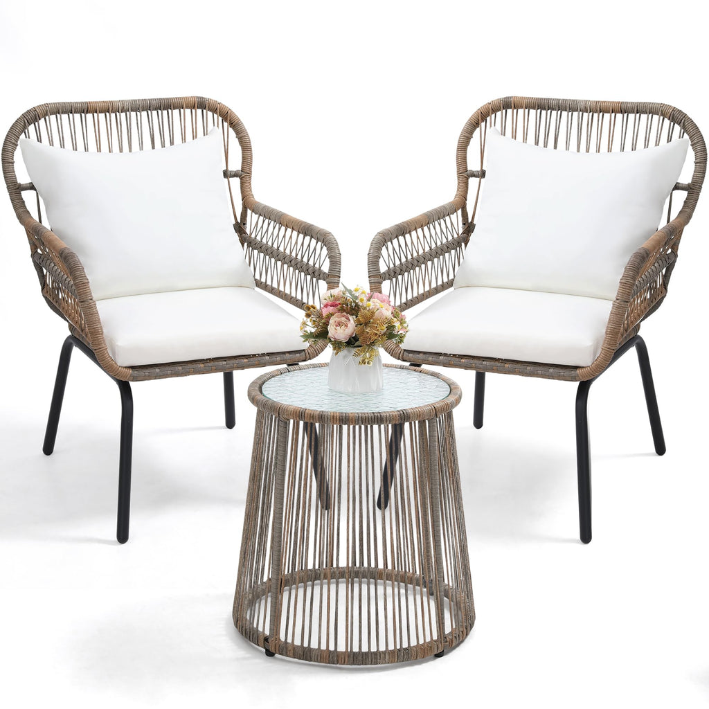 wildformers 3 Pieces Bistro Set, Woven Rope Chair with Cushions, All Weather Patio Conversation Set and Side Table, Ideal for Deck, Balcony, Poolside, Black