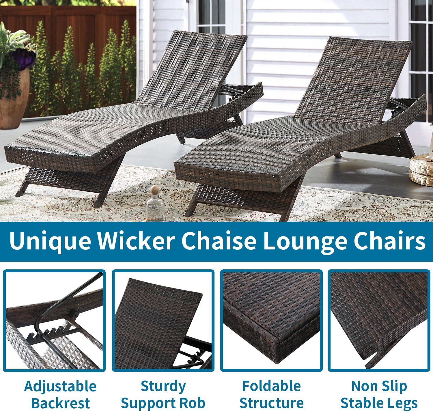 79'' Long Reclining Chaise Lounge Set (Set of 2), Outdoor Wicker Reclining Lounge Chair Patio Rattan Double Chaise Lounge Lawn Sunbathing Chairs Beach Pool Backrest Recliners (Set of 2)