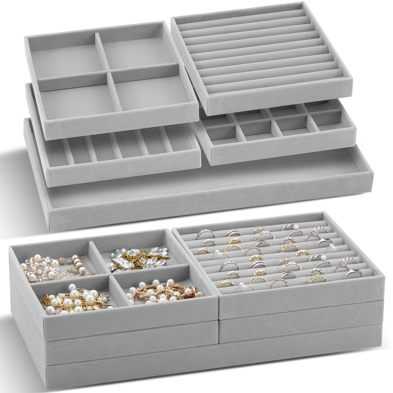 10 Pack 14 Inch Beige Velvet Stackable Jewelry Drawer Trays with Removable Dividers for Earrings Rings Necklaces Watches