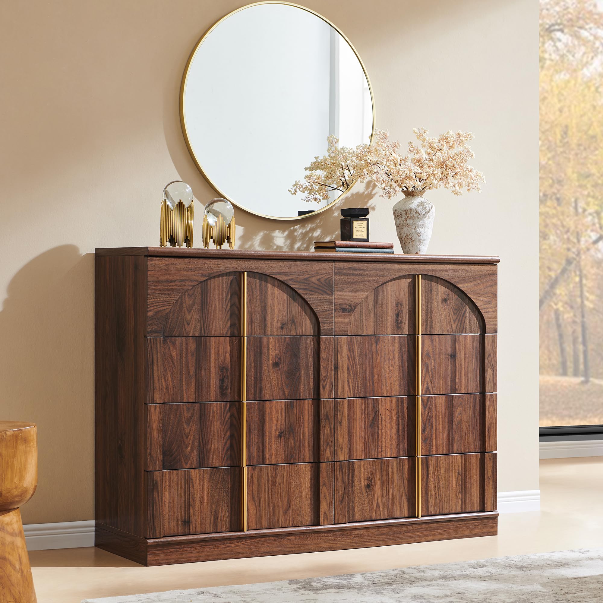 ACCOHOHO Large Dresser for Bedroom with 8 Drawers with Arched Panel,Modern Minimalist Chest of Drawers with Gold Handles,Wood Storage Closet Dressers Tv Stand for Living Room, Hallway,Natural Oak
