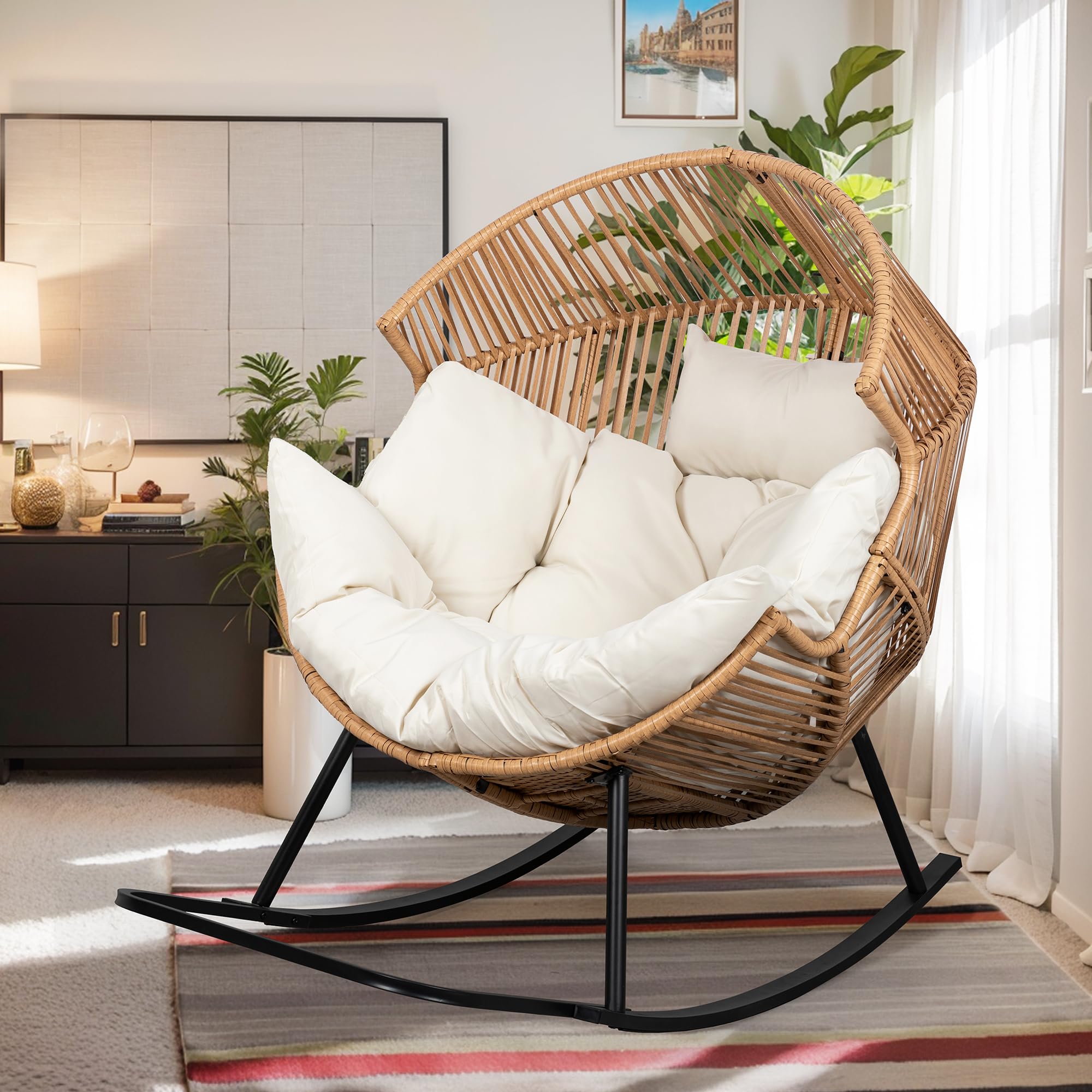 Vongrasig Outdoor Wicker Egg Chair PE Rattan Chair with Cushion, Oversized Patio Lounge Chair for Outdoor, Indoor, Balcony, Backyard, Garden, Beige