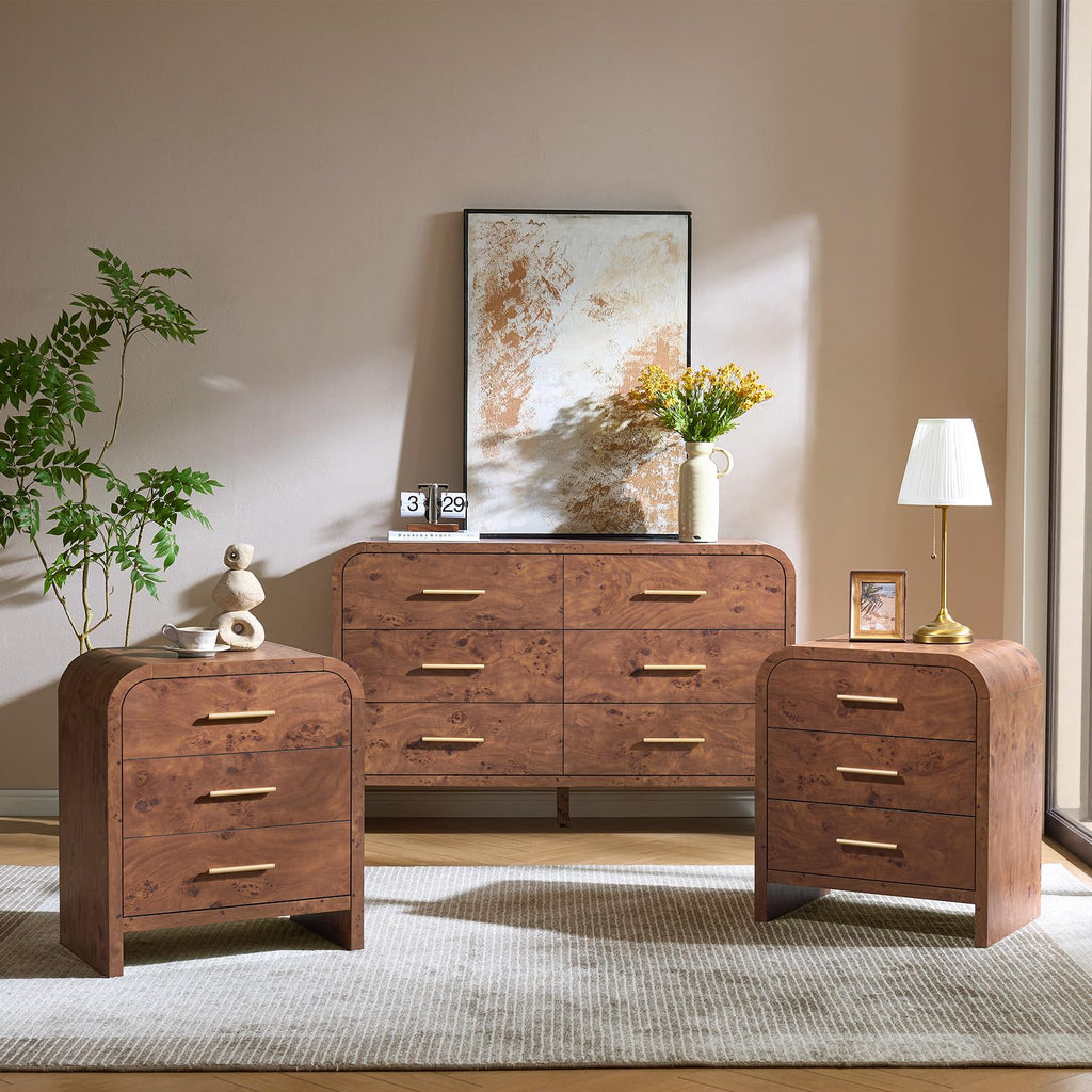 3-Piece Modern Bedroom Furniture Set, 6-Drawer& 1-Drawer Nightstands Set of 2, Unique Curved Design Wooden Dresser and Nightstand Sets for Bedroom, Hallway, Oak