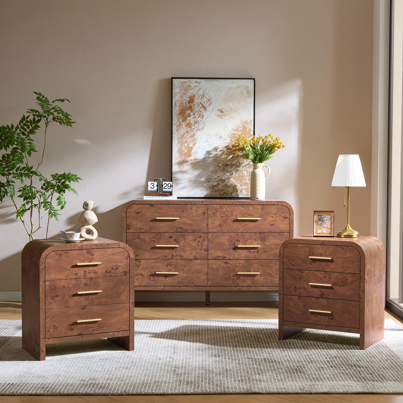 3-Piece Modern Bedroom Furniture Set, 6-Drawer& 1-Drawer Nightstands Set of 2, Unique Curved Design Wooden Dresser and Nightstand Sets for Bedroom, Hallway, Oak