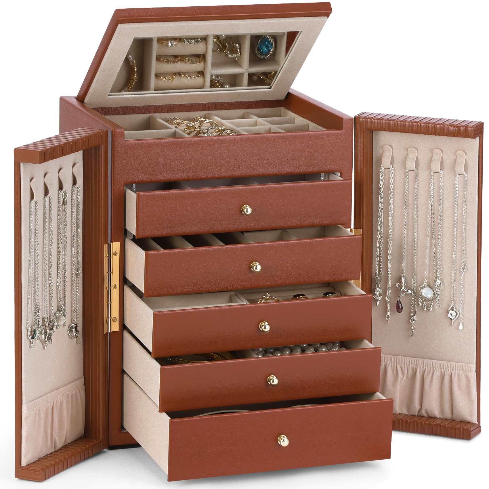Dajasan Large Jewelry Organizer Box, Jewelry Boxes for Women Girls, 6-Tier Jewelry Storage Organizer with Mirror for Necklace Ring Bracelet Watch, Gift Idea (Beige)
