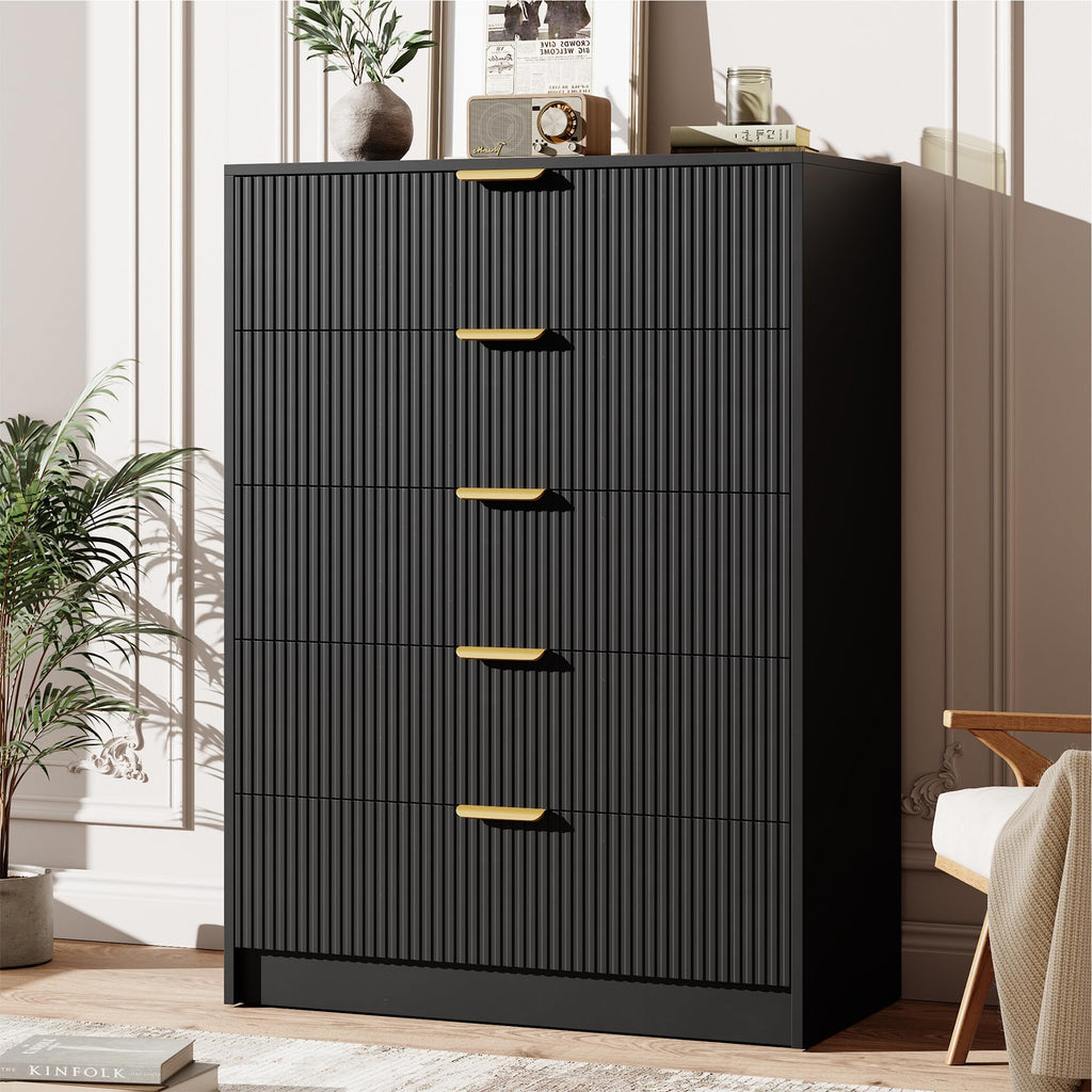 Garvee 6 Drawers Dresser for Bedroom - 54" Wide Modern Fluted Double Chest of Drawers with Golden Metal Handles, Large TV Stand Multi-Function Home Organizer for Living Room, Entryway, Hallway, Black