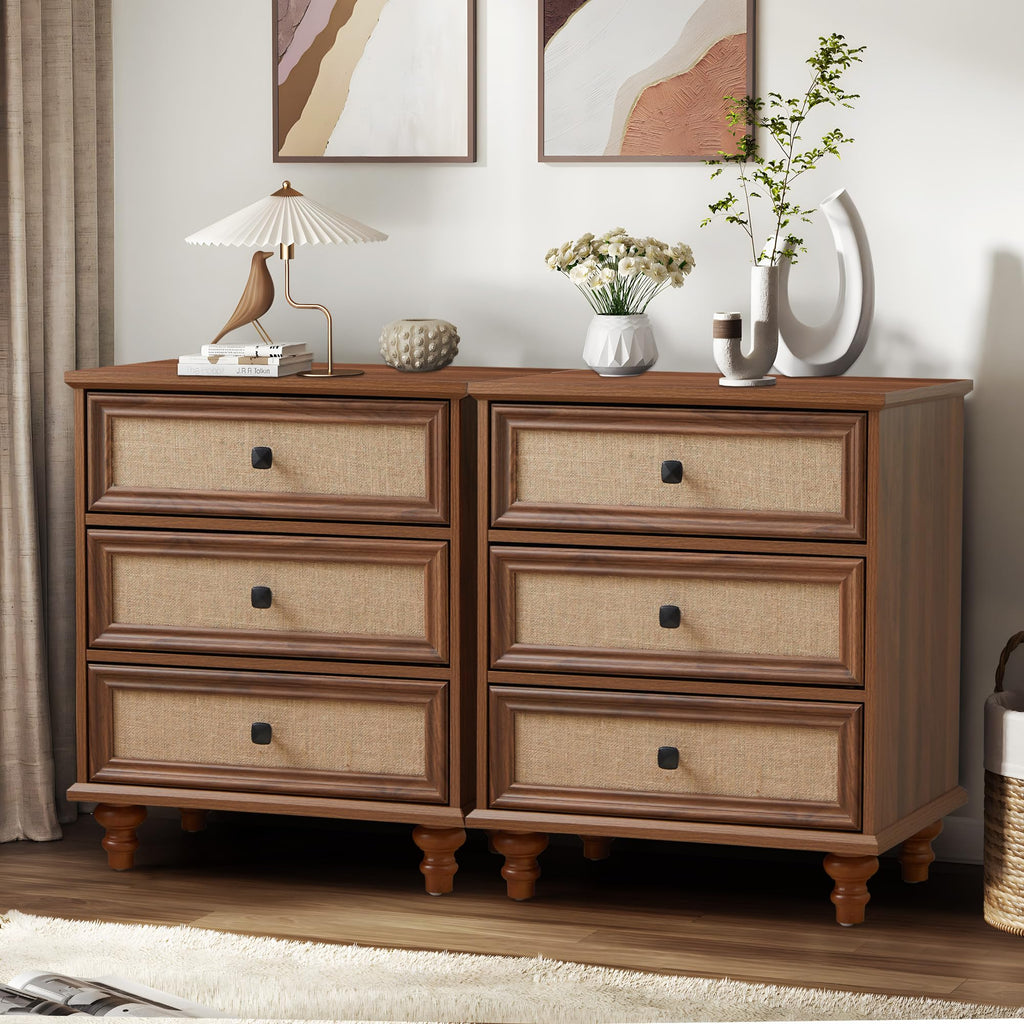 ORRD 3 Drawer Dresser for Bedroom Set of 2, Modern Closet Chest of Drawers with Wave Fluted Drawer, Wood Storage Small Dresser Organizer for Nursery Bedroom Living Room Hallway Closet (Walnut)