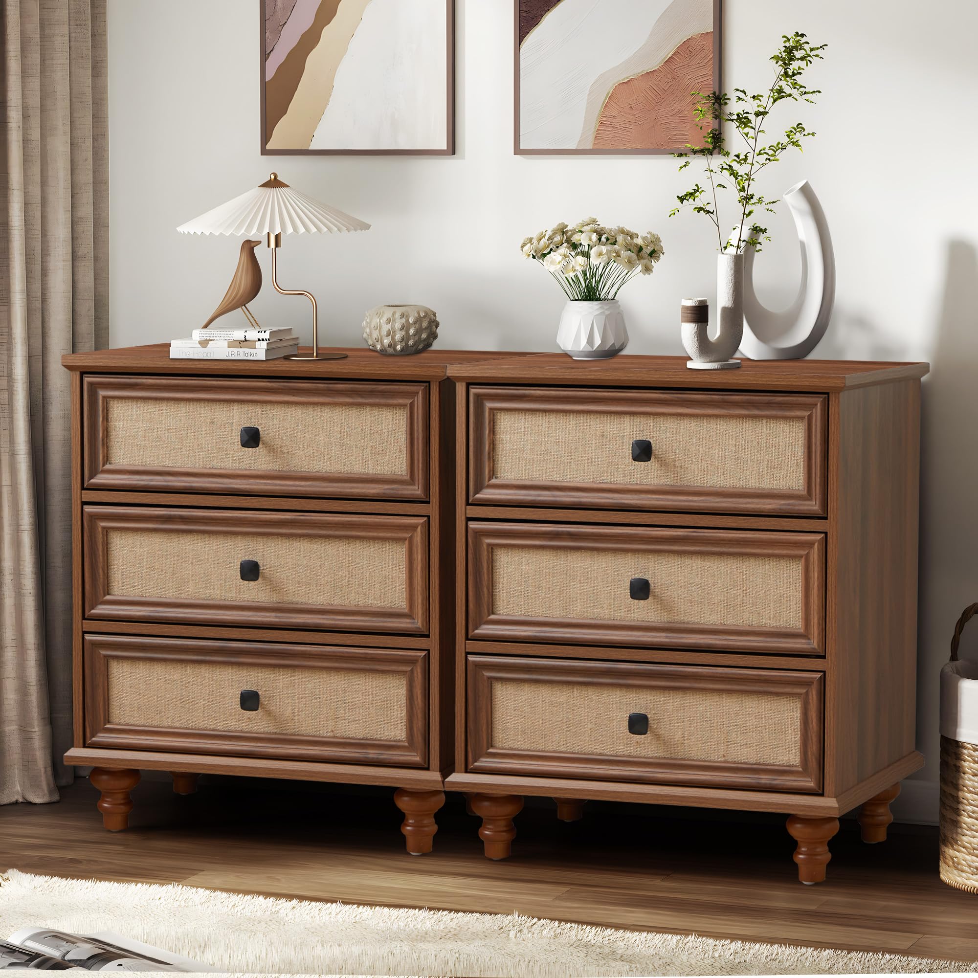 ORRD 3 Drawer Dresser for Bedroom Set of 2, Modern Closet Chest of Drawers with Wave Fluted Drawer, Wood Storage Small Dresser Organizer for Nursery Bedroom Living Room Hallway Closet (Walnut)