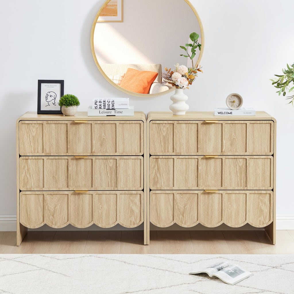 ORRD 3 Drawer Dresser for Bedroom Set of 2, Modern Closet Chest of Drawers with Wave Fluted Drawer, Wood Storage Small Dresser Organizer for Nursery Bedroom Living Room Hallway Closet (Walnut)