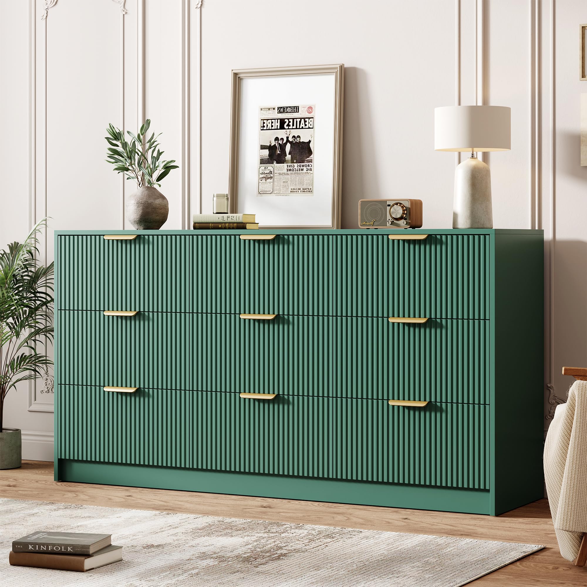 Garvee 6 Drawers Dresser for Bedroom - 54" Wide Modern Fluted Double Chest of Drawers with Golden Metal Handles, Large TV Stand Multi-Function Home Organizer for Living Room, Entryway, Hallway, Black