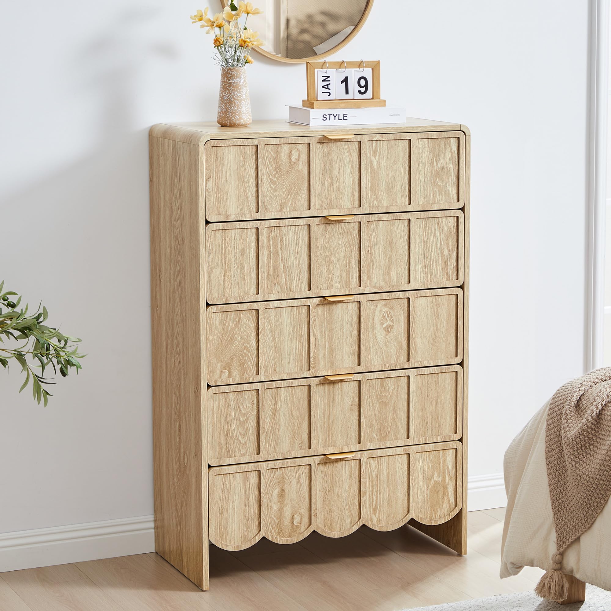 ORRD 3 Drawer Dresser for Bedroom Set of 2, Modern Closet Chest of Drawers with Wave Fluted Drawer, Wood Storage Small Dresser Organizer for Nursery Bedroom Living Room Hallway Closet (Walnut)