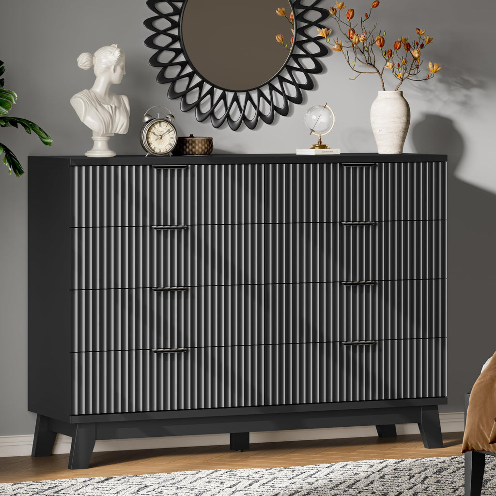 Xixini Fluted Dresser with 9 Drawers, 63" Wide Modern Chest of Drawers with Metal Handle, Wooden Dresser TV Stand, Wood Closet Clothes Storage Organizer for Bedroom, Living Room, Hallway, Natural Oak