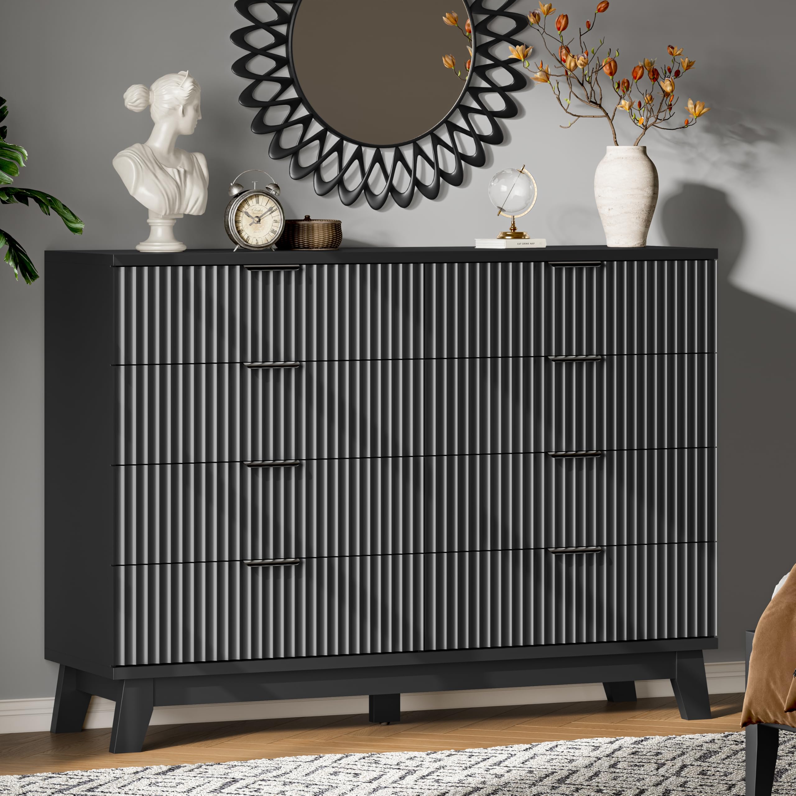 Xixini Fluted Dresser with 9 Drawers, 63" Wide Modern Chest of Drawers with Metal Handle, Wooden Dresser TV Stand, Wood Closet Clothes Storage Organizer for Bedroom, Living Room, Hallway, Natural Oak