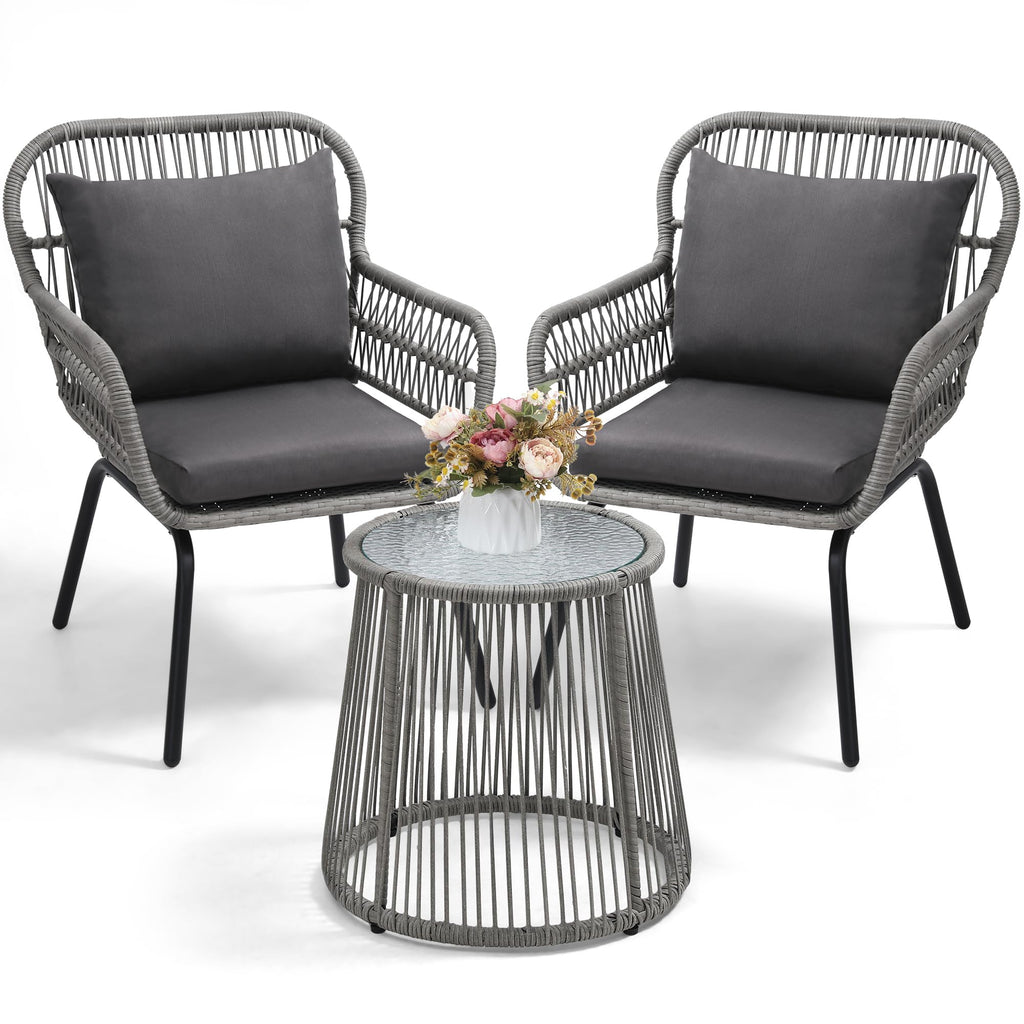 wildformers 3 Pieces Bistro Set, Woven Rope Chair with Cushions, All Weather Patio Conversation Set and Side Table, Ideal for Deck, Balcony, Poolside, Black
