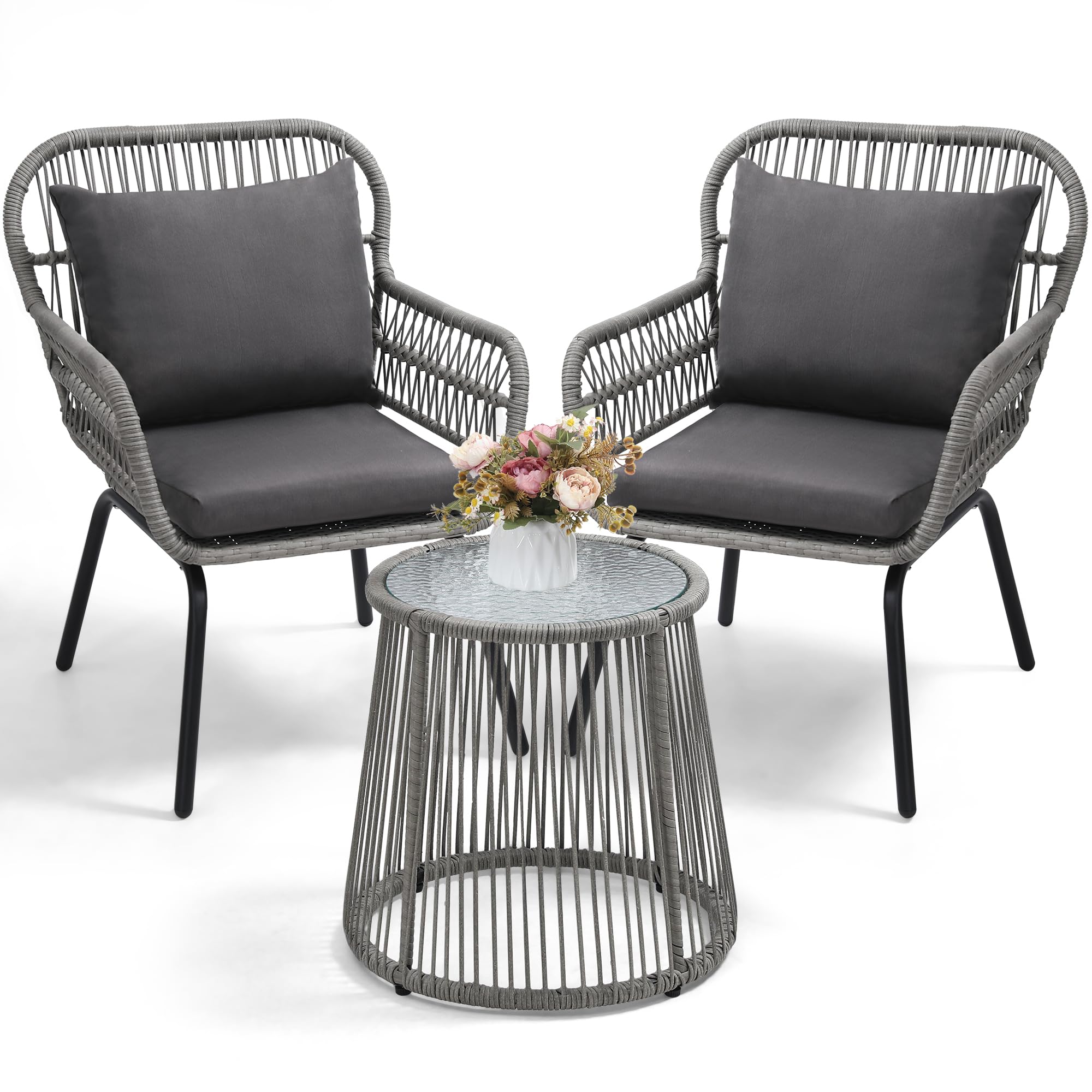 wildformers 3 Pieces Bistro Set, Woven Rope Chair with Cushions, All Weather Patio Conversation Set and Side Table, Ideal for Deck, Balcony, Poolside, Black