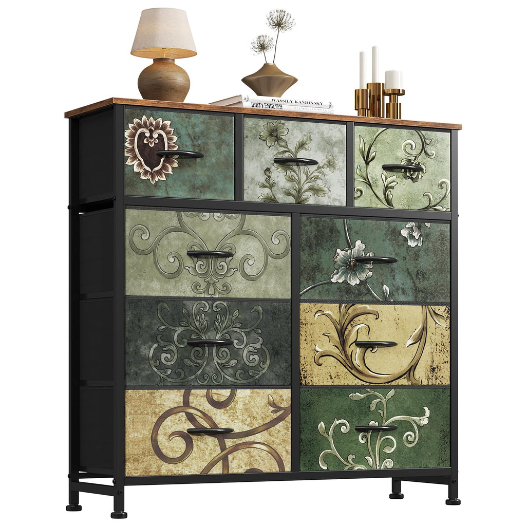 DUMOS Dresser for Bedroom, Storage Organizer with 9 Drawers, Chest of Drawers with Fabric Bins, Sturdy Metal Frame, Wood Tabletop for Guest Room, Closet, Entryway, White