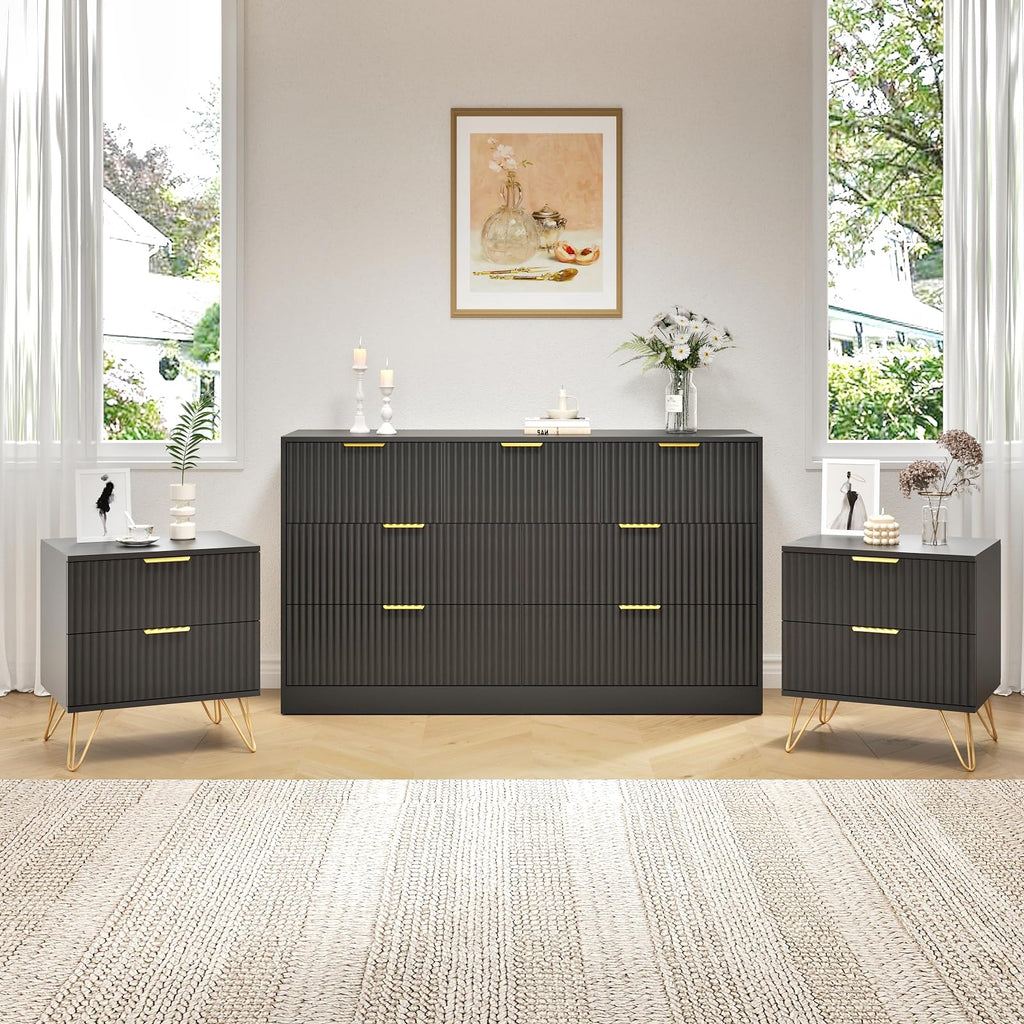 3Pcs White Modern Bedroom Furniture Set, 55" Wide Fluted Dresser + 2 Gold Handle Nightstands