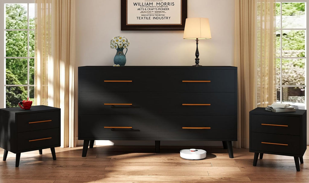 Ahomly 6-Drawer Dresser and 2-Drawer Nightstands Set for Bedroom, 3 Pcs Bedroom Set with Gold Handles，Modern Wood Dresser with Ample Storage, Black