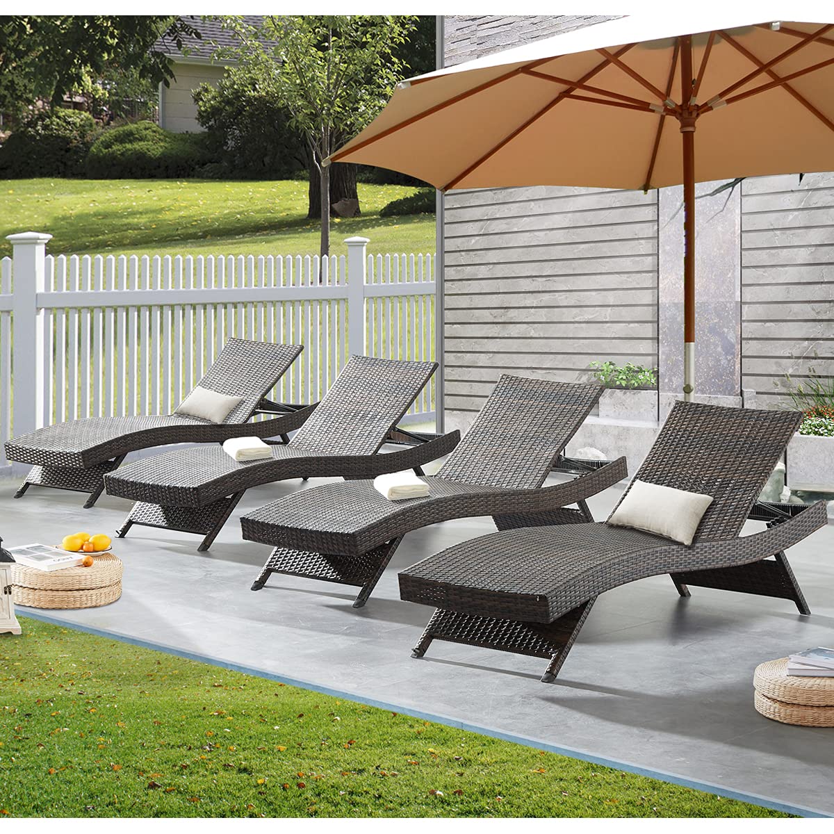 79'' Long Reclining Chaise Lounge Set (Set of 2), Outdoor Wicker Reclining Lounge Chair Patio Rattan Double Chaise Lounge Lawn Sunbathing Chairs Beach Pool Backrest Recliners (Set of 2)