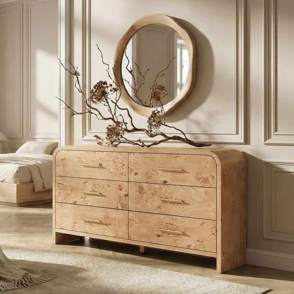 Curved 9-Drawer Dresser for Bedroom, 63" Wide Modern Chest of Drawers, Vanity Desk TV Stand for Living Room, Closet Storage Drawers Organizer Furniture, Nursery, Hallway, Oak