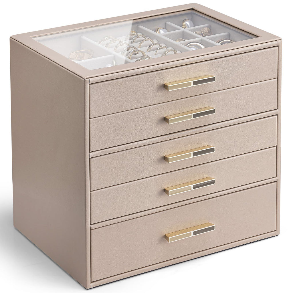 VLANDO 4 Layer Jewelry Box for Women, Glass Lid Jewelry Organizer with 4 Drawers for Necklaces Rings Earrings Bracelets - Cloud White