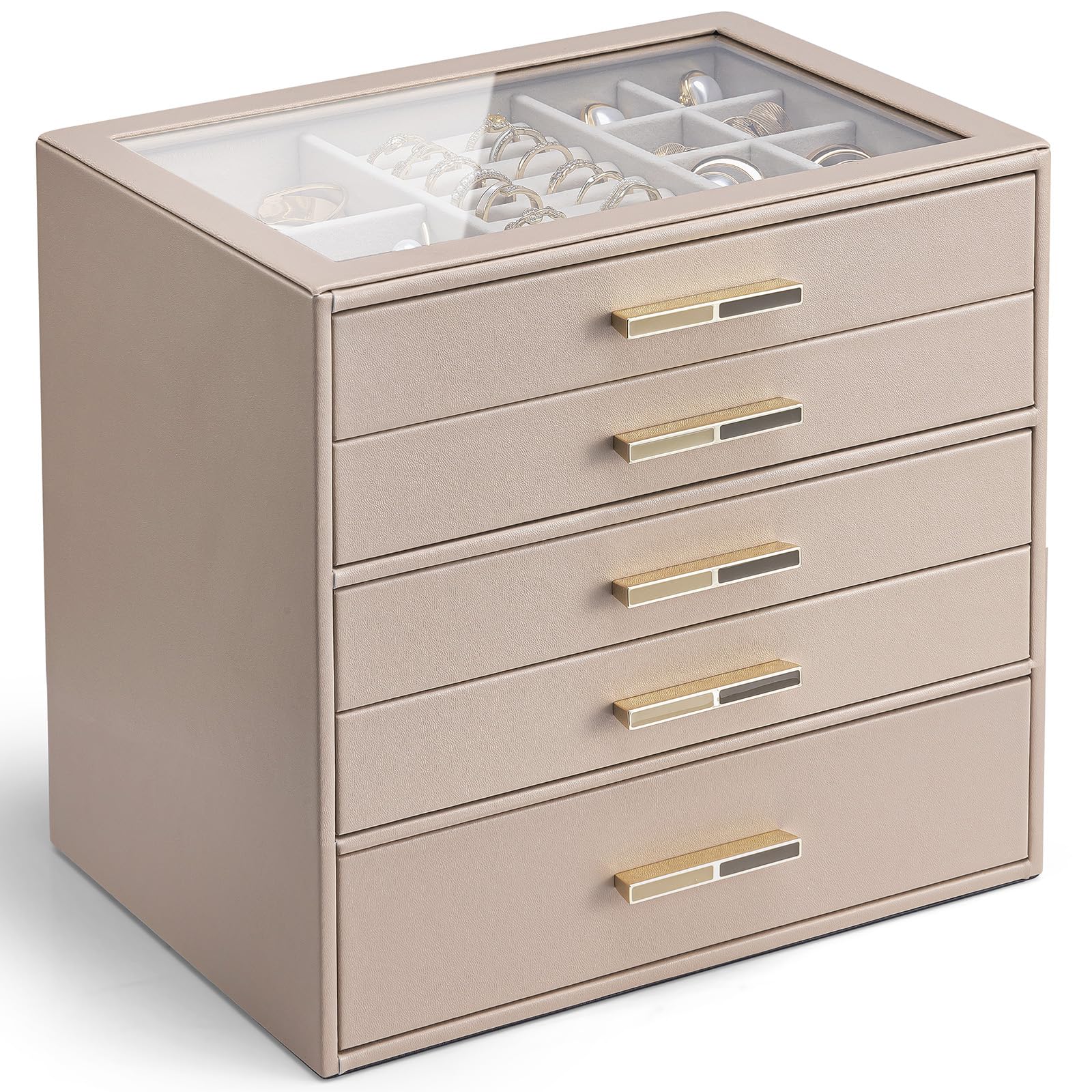 VLANDO 4 Layer Jewelry Box for Women, Glass Lid Jewelry Organizer with 4 Drawers for Necklaces Rings Earrings Bracelets - Cloud White