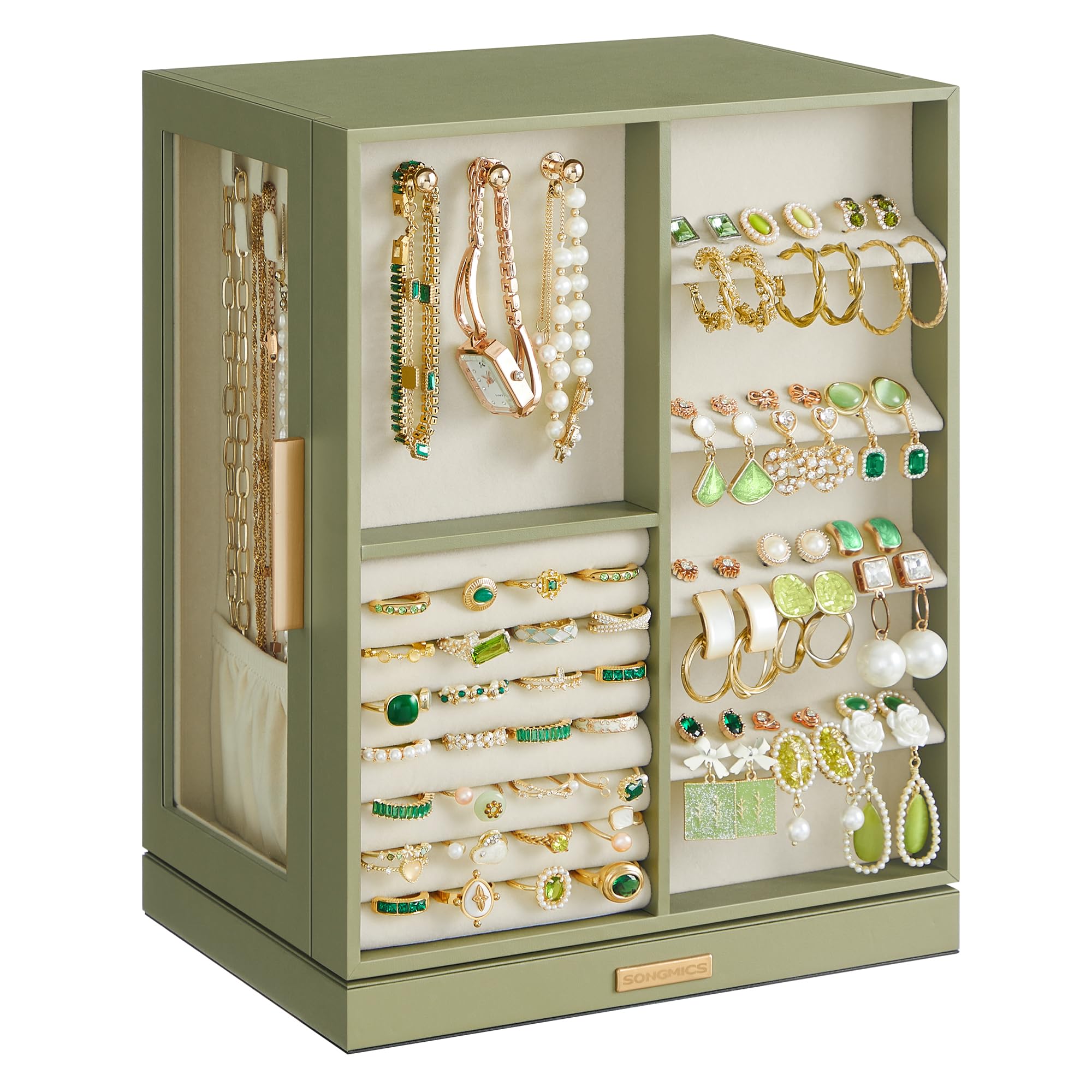 SONGMICS Jewelry Box 360° Rotating, Jewelry Storage Case with 5 Drawers, Jewelry Organizer, Glass Window, Spacious, Vertical Jewelry Storage, Open Design, Great Gift, Cloud White UJBC170W01