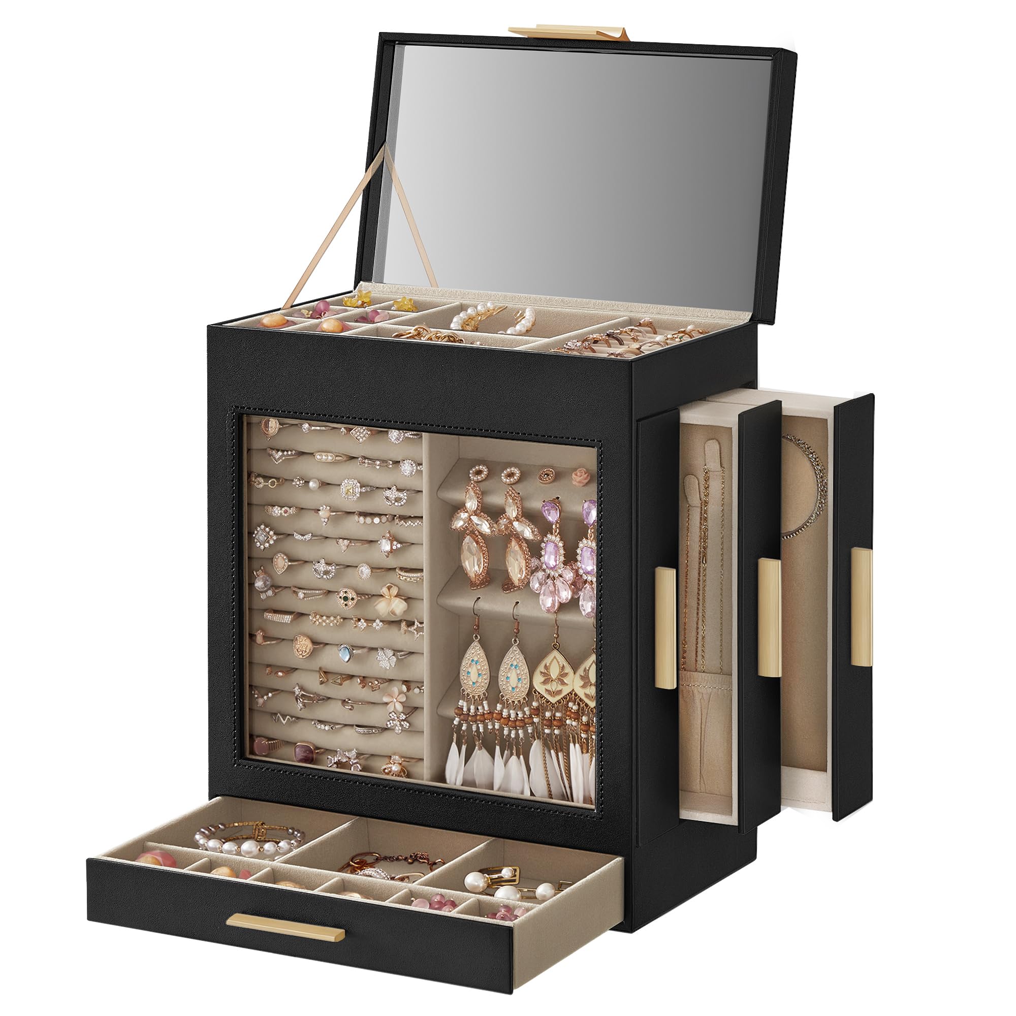 SONGMICS Jewelry Box with Glass Window, 5-Layer Jewelry Organizer with 3 Side Drawers, Jewelry Storage, with Big Mirror, Modern, 6.1 x 10.3 x 12.6 Inches, Cloud White and Metallic Gold UJBC162W01