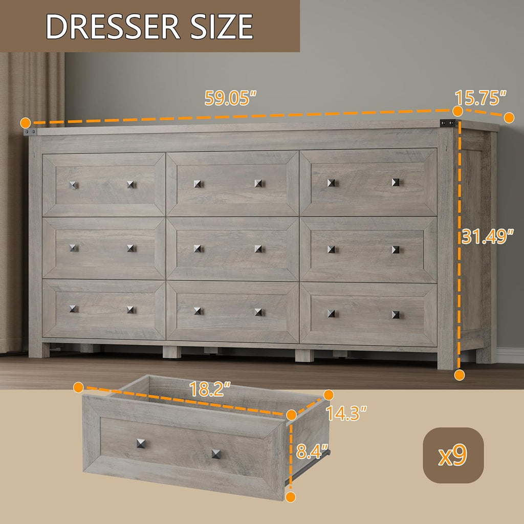 BORNOON 9-Drawer Dresser, Modern Wooden Storage Chest of Drawers, Dresser TV Stand, Wood Drawer Organizer with Metal Handles for Bedroom, Living Room, Hallway
