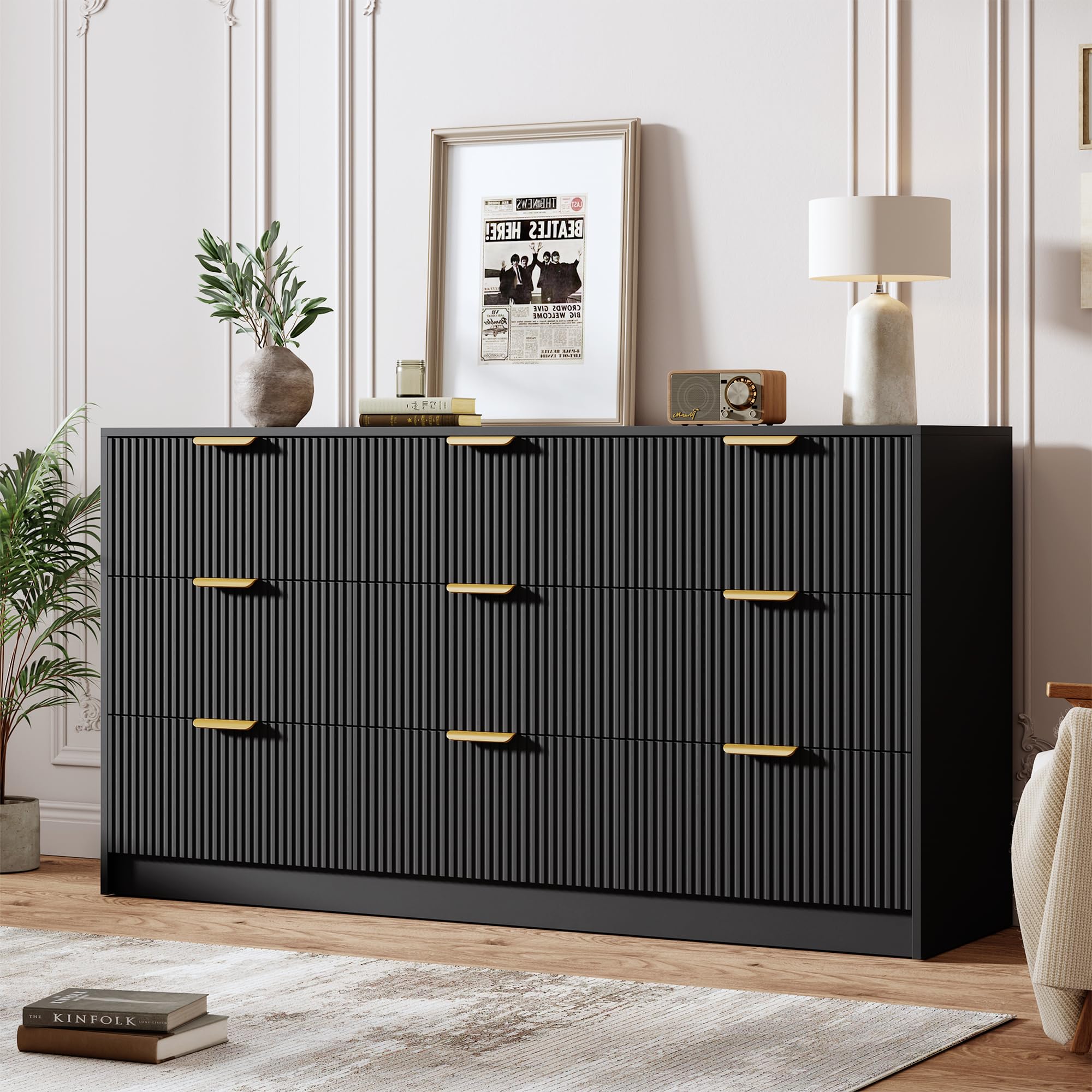 Garvee 6 Drawers Dresser for Bedroom - 54" Wide Modern Fluted Double Chest of Drawers with Golden Metal Handles, Large TV Stand Multi-Function Home Organizer for Living Room, Entryway, Hallway, Black
