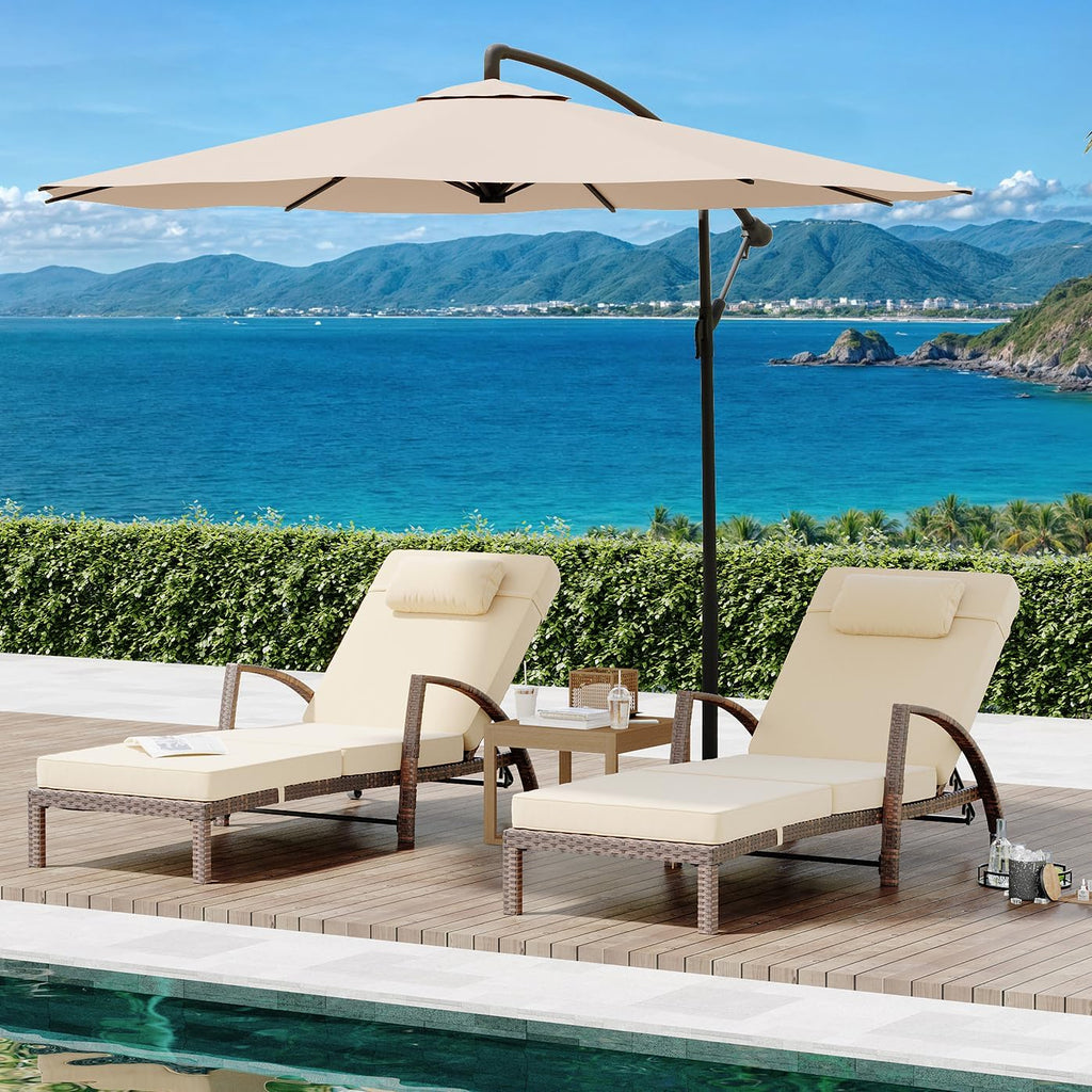2Pcs Beige Rattan Folding Chaise Lounge,5-Position Adjustable Outdoor Lounge Chair with Cushion & Pillow
