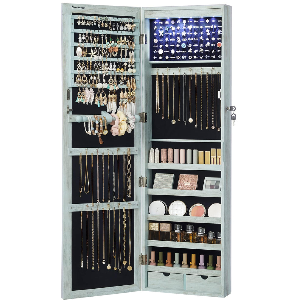 SONGMICS 6 LEDs Mirror Jewelry Cabinet, 47.2-Inch Tall Lockable Wall or Door Mounted Jewelry Armoire Organizer with Mirror, 2 Drawers, 3.9 x 14.6 x 47.2 Inches, White UJJC93W