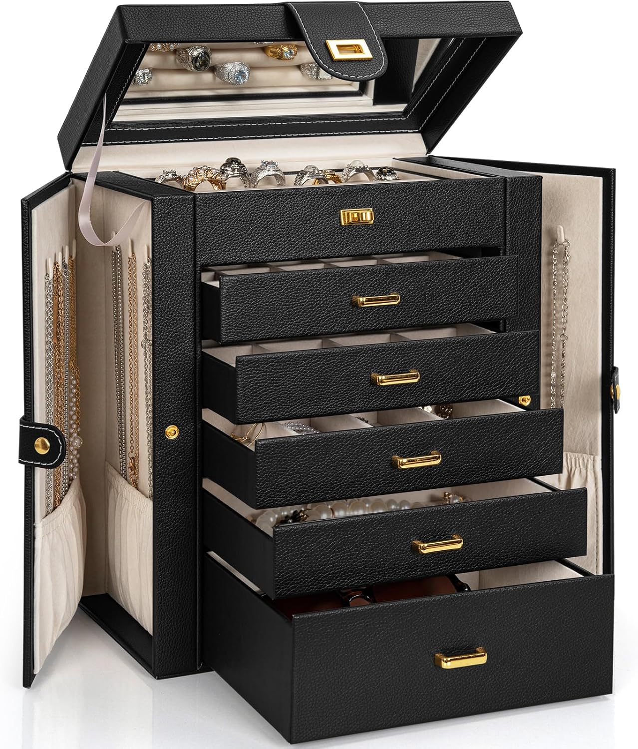 AKOZLIN Jewelry Box Organizer Functional Leather Jewelry Storage Case for Women Girls Ring Necklace Earring Bracelet Holder Organizer with Mirror Black