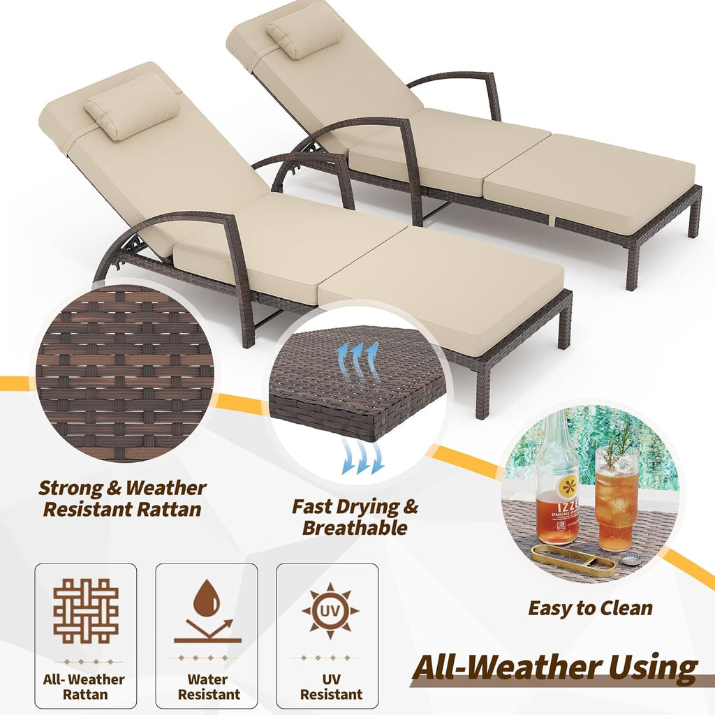 2Pcs Beige Rattan Folding Chaise Lounge,5-Position Adjustable Outdoor Lounge Chair with Cushion & Pillow