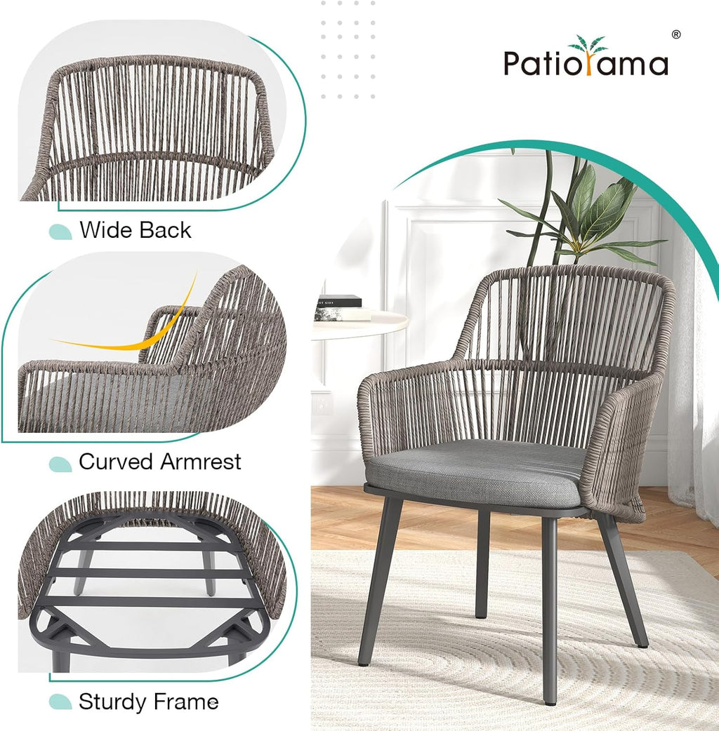 Patiorama Patio Dining Chairs Set of 2, Woven Rope Outdoor Dining Chairs w/Steel Frame, All-Weather Twisted Wicker Rattan Chairs with Armrest & Cushion for Indoor Garden Lawn Backyard(Dark Grey)