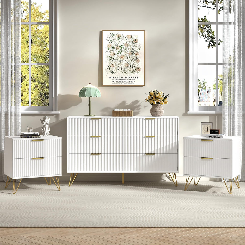 7 Drawer Dresser and Nightstand Sets for Bedroom, 3 Pcs Fluted Bedroom Set，Night Stand Set of 2 & 7 Drawer Dresser with Golden Handles, Wood Chest of Drawers Storage Cabinet Set, White