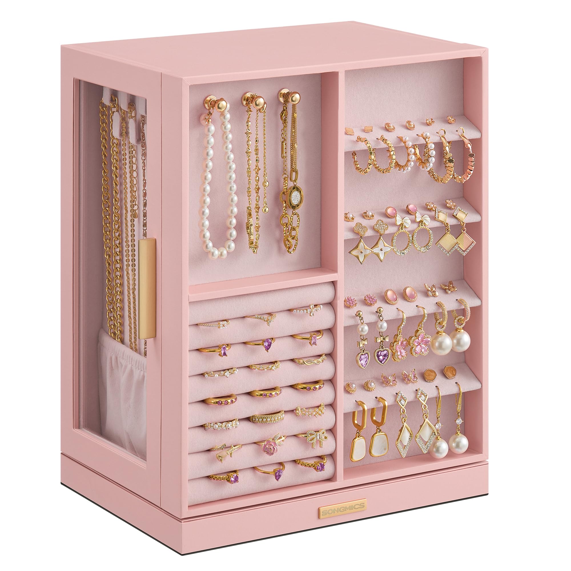 SONGMICS Jewelry Box 360° Rotating, Jewelry Storage Case with 5 Drawers, Jewelry Organizer, Glass Window, Spacious, Vertical Jewelry Storage, Open Design, Great Gift, Cloud White UJBC170W01