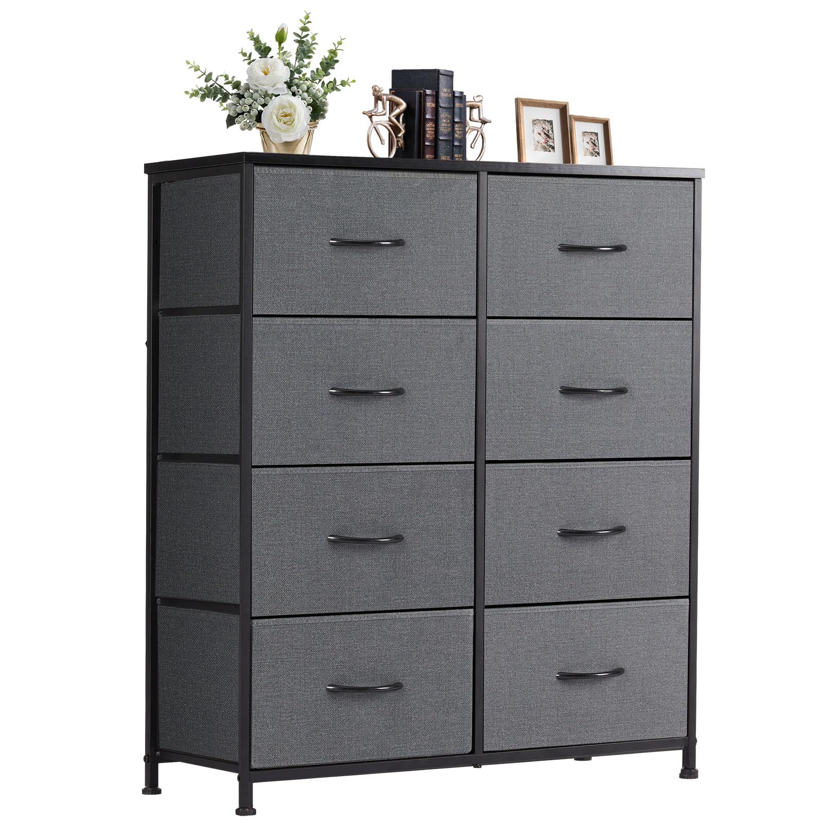 DUMOS Dresser for Bedroom, Storage Organizer with 9 Drawers, Chest of Drawers with Fabric Bins, Sturdy Metal Frame, Wood Tabletop for Guest Room, Closet, Entryway, White