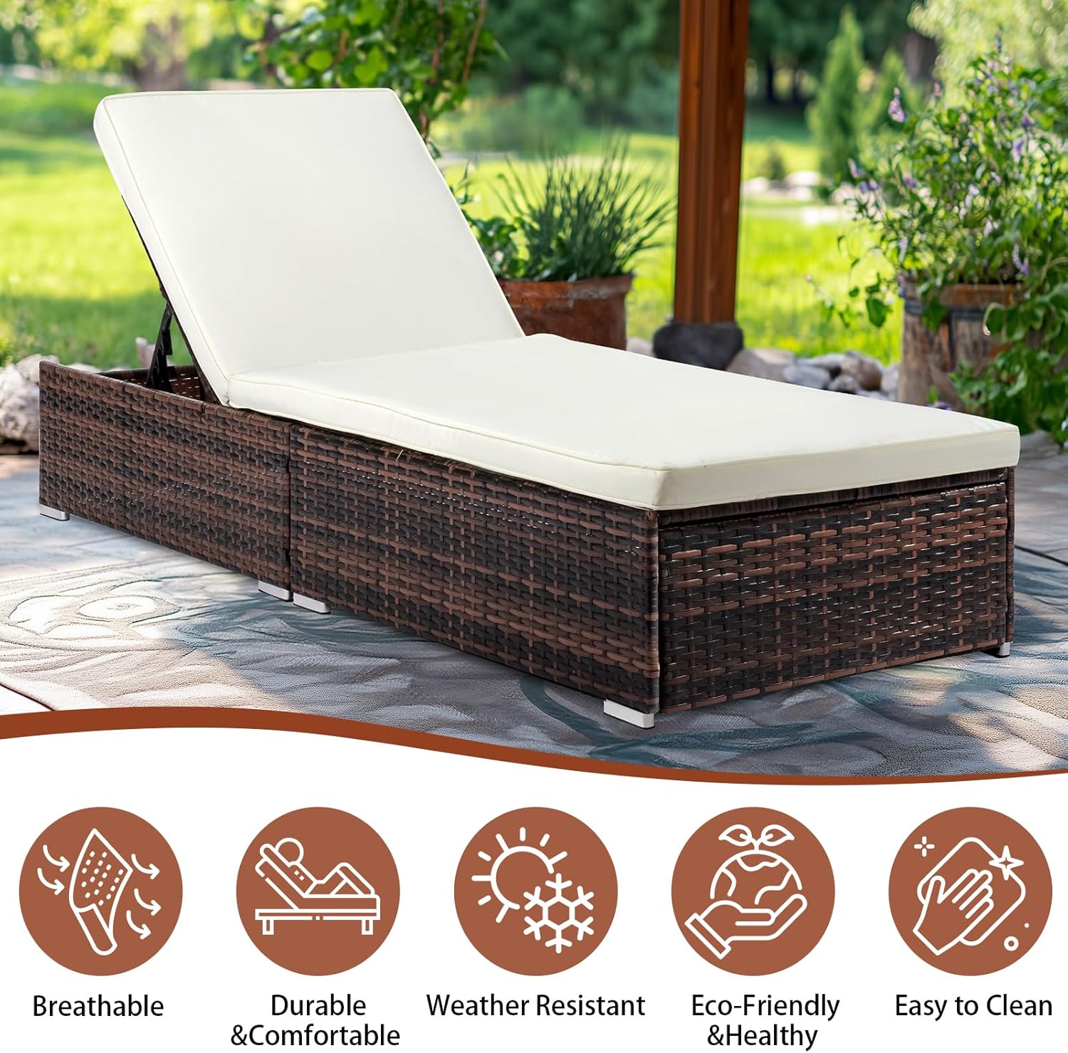 VINGLI Outdoor Chaise Lounge, Wicker Recliner w/Adjustable Backrest, Thick Water Repellent Cushions, Patio Rattan Lounge Chairs for Lawn, Beach, Balcony, Poolside (Brown)